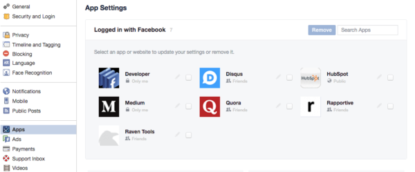 Logged in with FacebookApps listing page