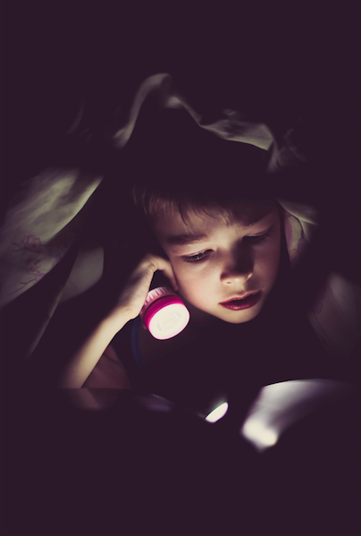 Boy reading story book with a torche in hand