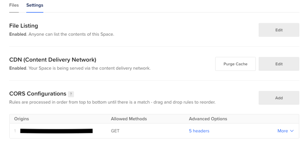 CORS configurations settings screen