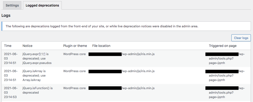 Logged deprecations showing list of deprecated JS files after updating WP core to WP 5.7.2